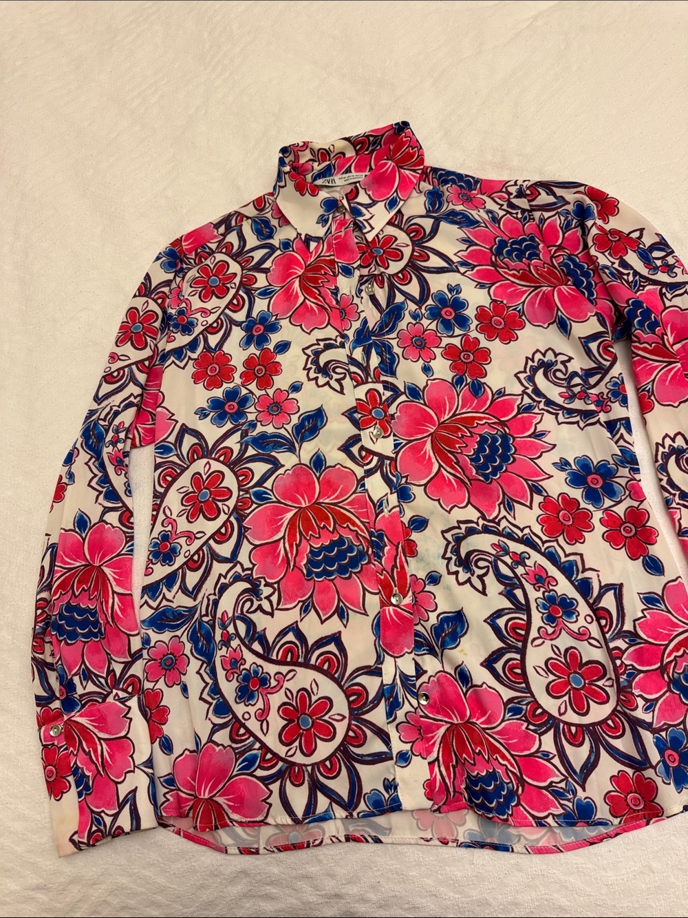 Zara Pink & Blue Floral Paisley Button-Up Blouse